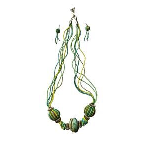 Boho Green Blue Yellow Beaded Necklace Earring Set Costume Jewelry Festival